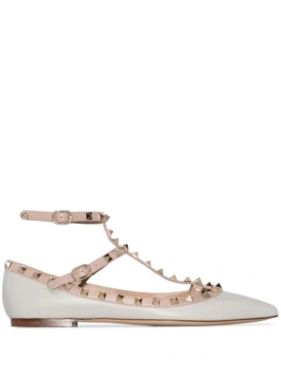 Valentino Garavani Grey Rockstud Leather Ballerina Pumps