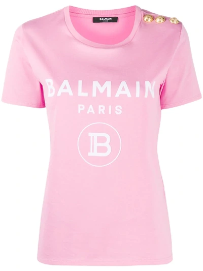 Balmain Logo Print T-shirt With Shoulder Buttons In Pink