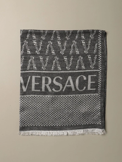 Versace Jacquard Scarf In Silk And Wool In Black