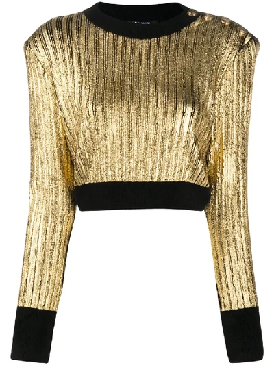 Balmain Metallic-effect Ribbed-knit Jumper In Gold