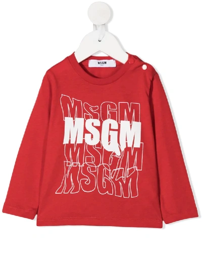 Msgm Babies' Logo Long-sleeved Cotton T-shirt In Red