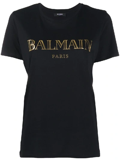 Balmain Metallic Logo Print Crew Neck T-shirt In Black