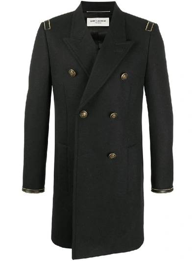 Saint Laurent Anchor-button Double-breasted Wool Coat In Black