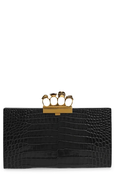 Alexander Mcqueen Croc Embossed Leather Knuckle Clutch In Black