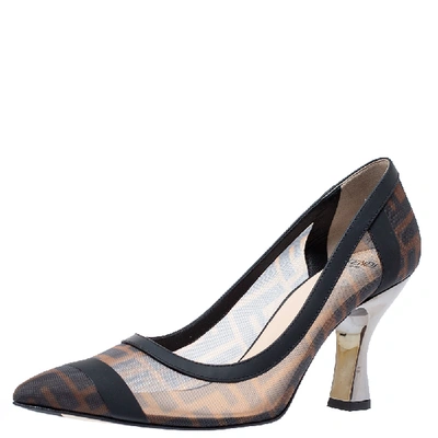 Pre-owned Fendi Brown/black Zucca Mesh And Leather Trim Colibrì Pointed Toe Pumps Size 37.5