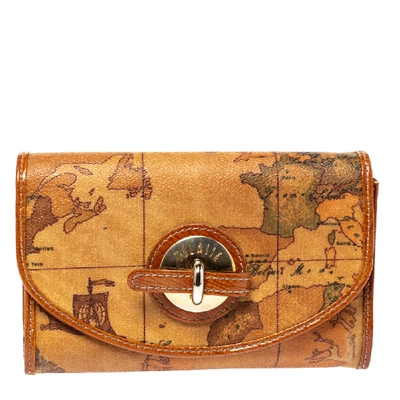 Pre-owned Alviero Martini 1a Classe Tan Geo Map Coated Canvas Flap Compact Wallet