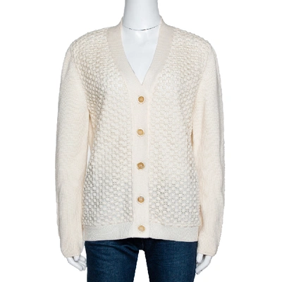 Pre-owned Chloé Chlo&eacute; Natural Cream Wool Lace Overlay Button Front Cardigan L