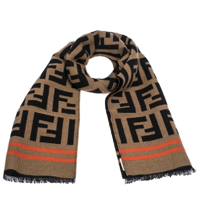 Pre-owned Fendi Brown Contrast Stripe Ff Wool Jacquard Scarf