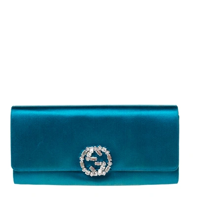 Pre-owned Gucci Teal Crystal Embellished Satin Interlocking G Broadway Clutch In Green