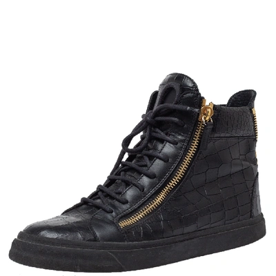 Pre-owned Giuseppe Zanotti Black Croc Embossed Leather Double Zip High Top Sneakers Size 41