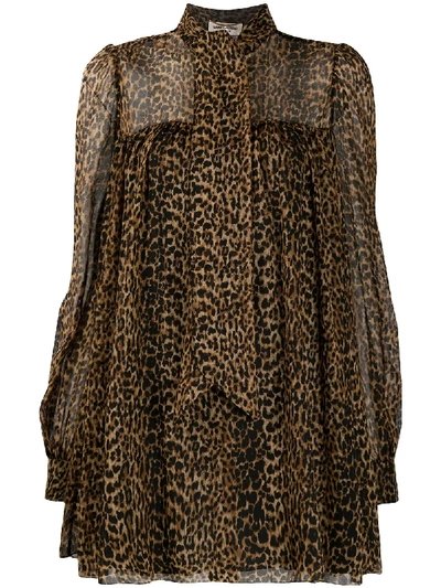 Saint Laurent Leopard-print Flared Dress In Brown