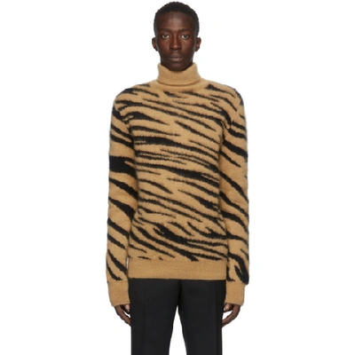 Paco Rabanne Roll-neck Tiger-jacquard Mohair-blend Sweater In Beige,black