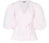 Ganni Blouson-sleeve Cotton-poplin Wrap Top In Cherry Blossom