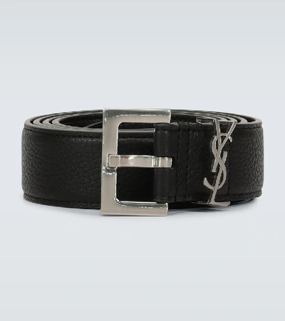 Saint Laurent Slim Grained Leather Belt In Black