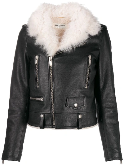 Saint Laurent Shearling Collar Biker Jacket In Black/ecru