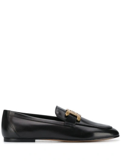 Tod's Kate  Black Leather Loafers With Chain Detail