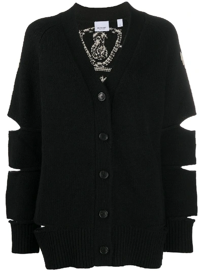 Burberry Intarsia Crest Notched Merino Wool & Cashmere Cardigan In Black