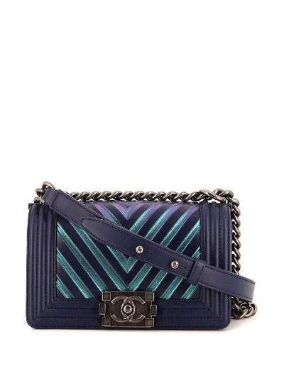 Pre-owned Chanel Small Boy  Iridescent Shoulder Bag In Blue