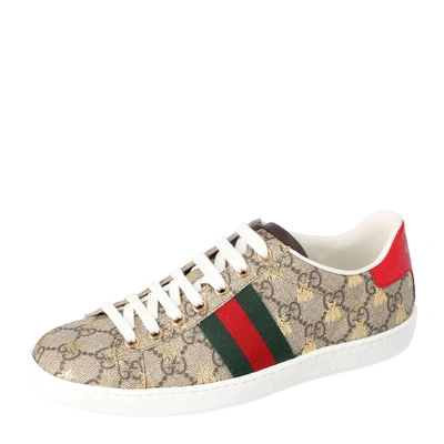 Pre-owned Gucci Brown/beige Gg Supreme Canvas Ace Bee Lace Up Sneakers Size 37