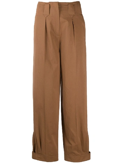 Kenzo Pleated Cotton-twill Tapered Trousers In Brown