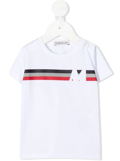 Moncler Babies' 三色条纹logo T恤 In White