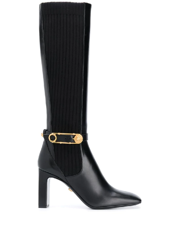 Versace Safety Pin Kneehigh Boots In Black ModeSens