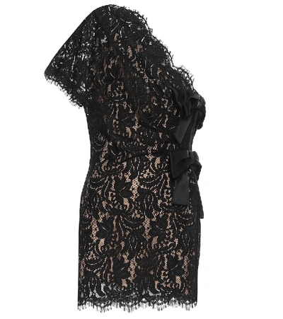 Saint Laurent One-shoulder Scallop Lace Mini Dress With Side Bows In Black