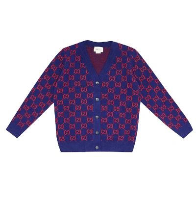 Gucci Kids' Felted Wool Jacquard Knit Cardigan In Blue