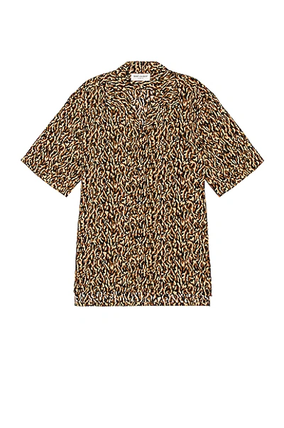 Saint Laurent Leopard-print Short-sleeved Silk Shirt In Brown