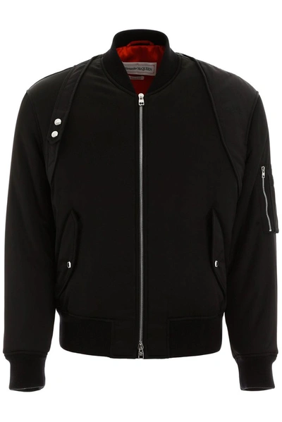 Alexander Mcqueen Black Light Satin Harness Bomber Jacket