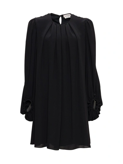 Alexander Mcqueen Pleated Silk Mini Dress In Black