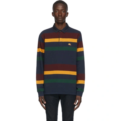 Etro Logo-embroidered Striped Cotton-jersey Polo Shirt In 200 Navy