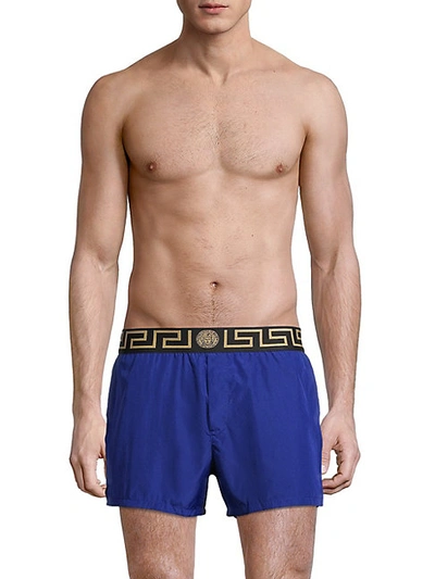 Versace Grecca Waistband Swim Shorts In A1343 Blue