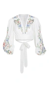 Zimmermann Juliette Cropped Tie-front Embroidered Linen Top In Ivory