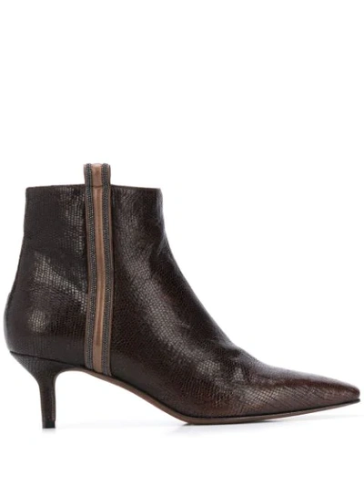 Brunello Cucinelli Crocodile-effect Pointed Boots In Brown