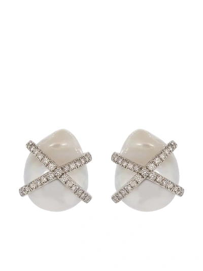 Verdura Diamond Wrapped Pearl Earrings In Plat