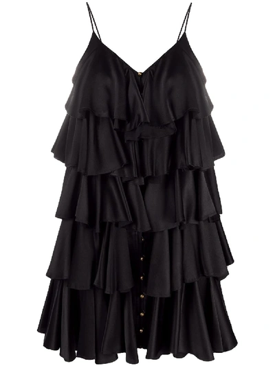 Balmain Tiered Ruffled Silk-satin Mini Dress In Black