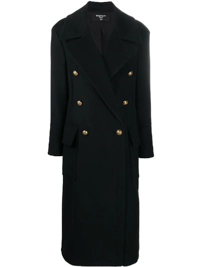 Balmain Double-breasted Wool Overcoat In Black