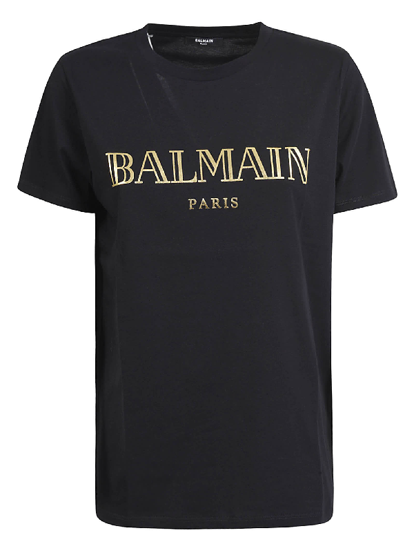 Balmain Logo Print T-shirt In Black/gold | ModeSens