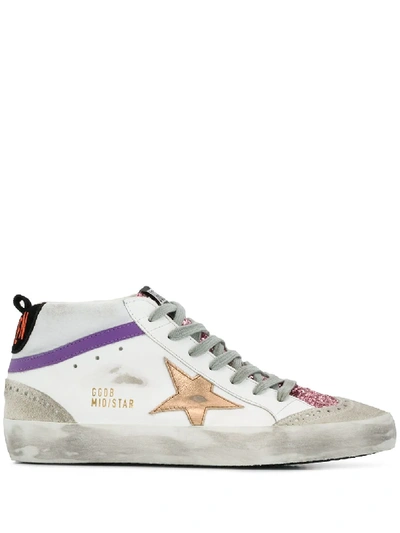 Golden Goose Mid Star Glitter Detail Leather Trainers In White