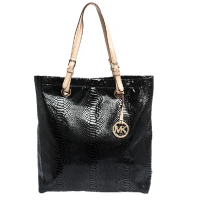 Pre-owned Michael Michael Kors Black Python Effect Patent Leather North South Tote