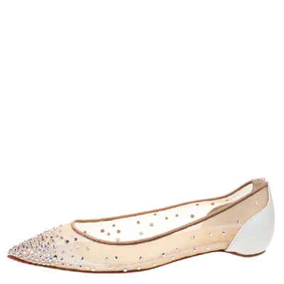 Pre-owned Christian Louboutin White Leather And Mesh Follies Strass Ballet Flats Size 38.5