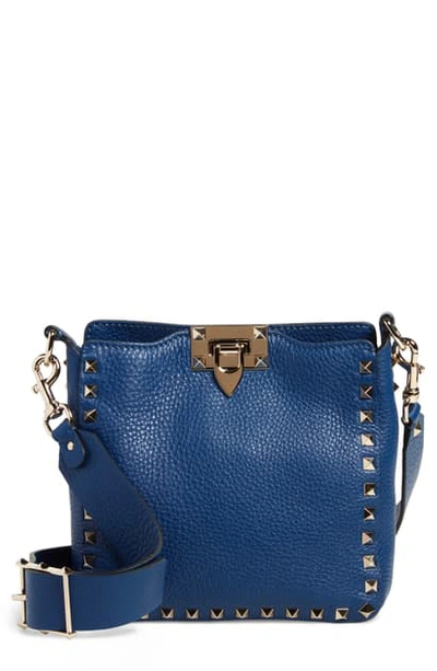 Valentino Garavani Mini Rockstud Leather Hobo Bag In Blu Delft