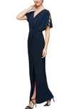 ALEX EVENINGS EMBELLISHED SLEEVE KNOT FRONT JERSEY GOWN,82351544