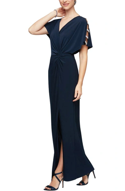 Alex Evenings Embellished Sleeve Knot Front Gown In Blue