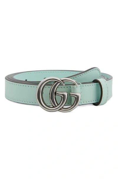 Gucci Gg Buckle Skinny Leather Belt In Porcelain Light Blue/ Silver