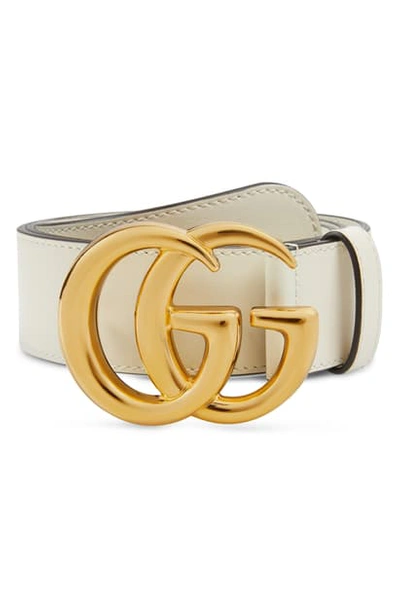 Gucci Gg Logo Buckle Leather Belt In Mystic White