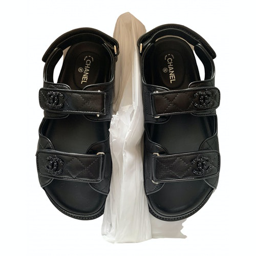 Pre-Owned Chanel Dad Sandals Black Leather Sandals | ModeSens