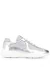 Prada Silver & White Leather & Mesh Sneakers In Grey
