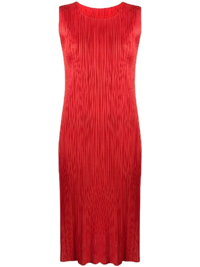 Issey Miyake Pleated Shift Dress In Red